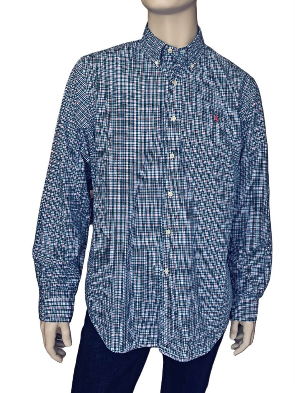 Ralph Lauren Button Front Micro Plaid Tartan Check Shirt Long Sleeve 100% Cotton
